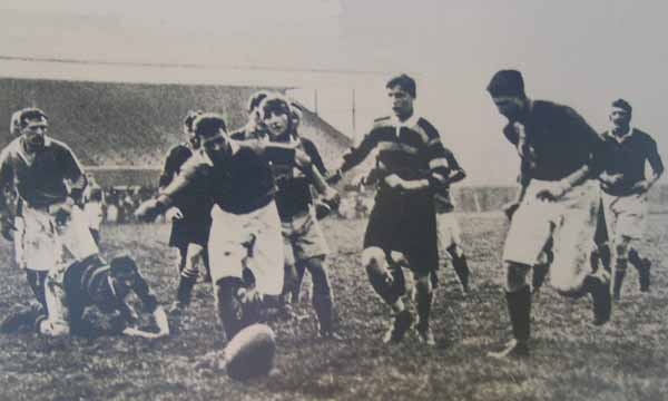 Black and white photograph showing the first match to be played at Twickenham Stadium