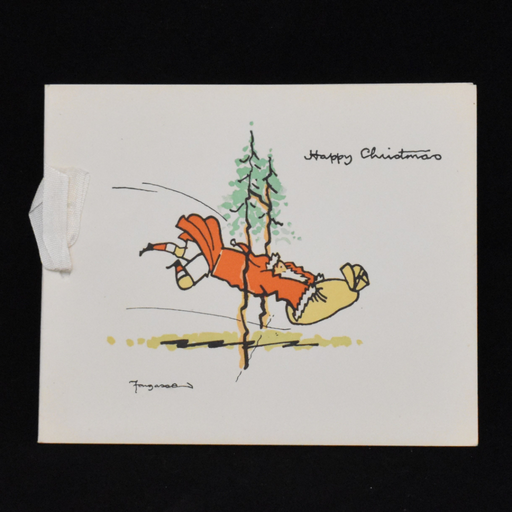 RFU Christmas card, of unknown date, shows Father Christmas diving over the try line with a sack of gifts, his red overcoat flying behind him to reveal rugby shorts and striped socks. He crosses the line between the posts – two festive fir trees. 